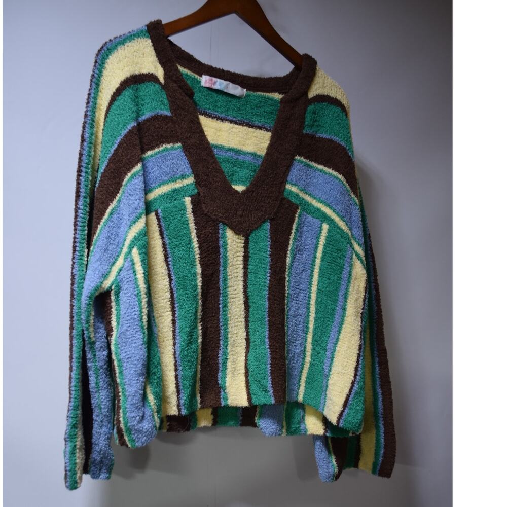 FP Beach Striped Plush V-Neck Pullover Sweater Green Blue Brown Cream Size S